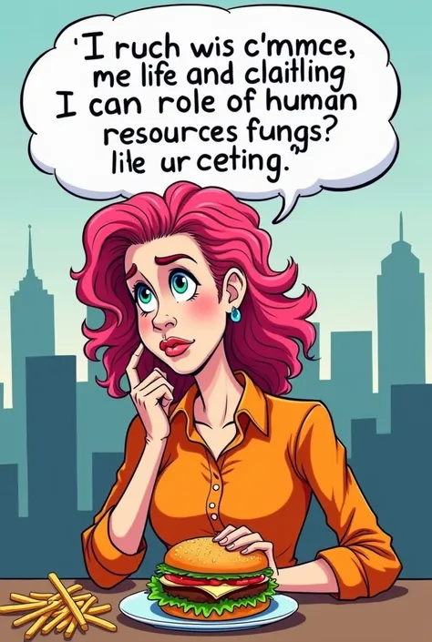 The image is a cartoon illustration of a woman sitting at a table with a burger and fries in front of her. She has pink curly hair and is wearing an orange shirt. She is looking at the burger with a concerned expression on her face. There is a speech bubbl...