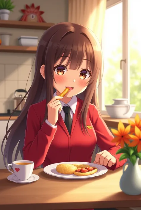 The girl having breakfast in her red uniform