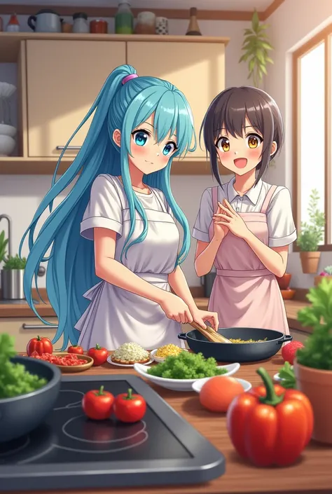  Create an anime girl who is called 18-year-old emi with long hair and sky blue eyes and who is 170 tall what emi is cooking alone in the kitchen What is shouting loudly smiling sister
