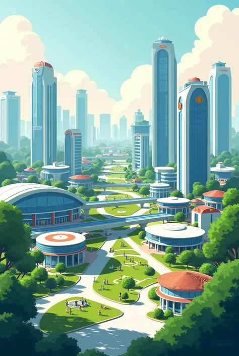 Draw a city of the future with a school , a ,  houses using simple graphic design techniques 