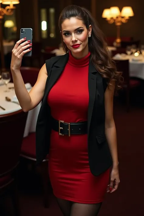 A woman with brown hair with a ponytail , At night in the restaurant , Selfie standing,  black pantyhose ,  black belt,  red dress with turtleneck, black vest