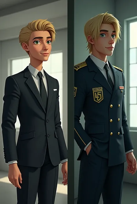 a boy namend aaron with green eyes and blonde middle long hair and light skin lenght 1.75 at the age of 19 with muscles in a suit
and in a uniform with the name sector 45