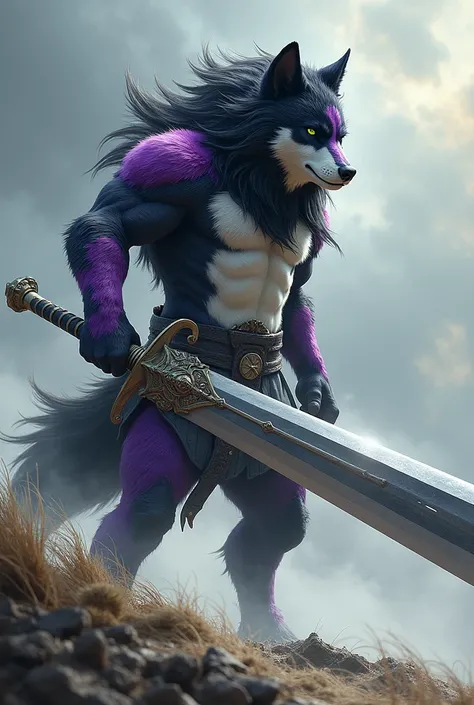 wolf, purple fur, white fur, black fur, black hair, green eyes, blowing wind, knight, giant sword, 
