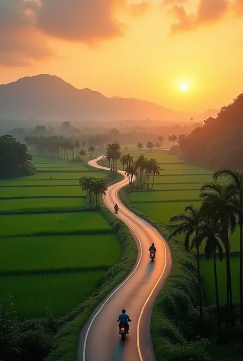 The 8k high-resolution photo is a winding road stretching out into the countryside. On the road, there are villagers riding motorbikes returning from their fields. Left to right is a green field divided into a square, with palm trees rising in the backgrou...