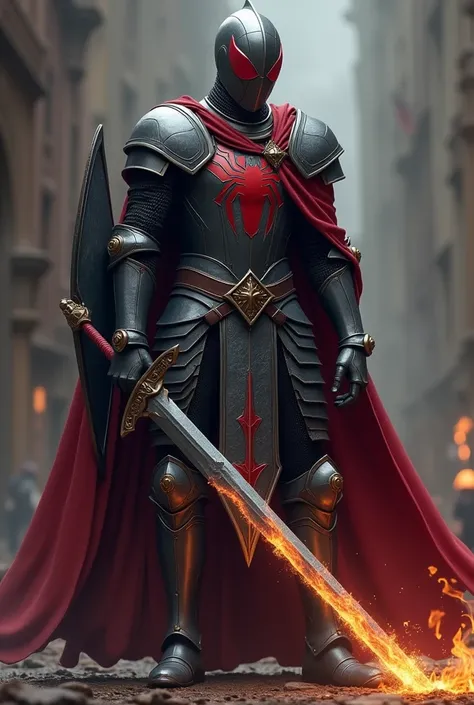 A medieval spider man in suit of armor like a knight with a cape and with a shield on his back and a long sword on his hip and hes holding a flaming great sword the armor is dark grey and the cape is dark red 