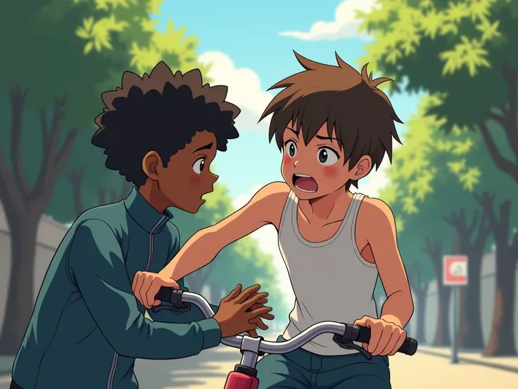 An anime-style illustration in a sunlit street with a tense and unsettling atmosphere. A teenage boy with messy brown hair, wearing a snug white tank top, sits in his cycle, holding the handles of the cycle.. The boy’s shoulders are hunched and the deltoid...