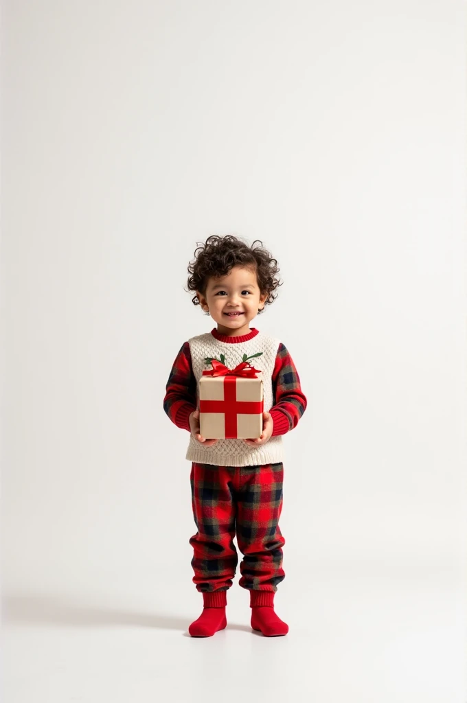 One and a boy , wearing Christmas clothes  ,holding a gift , plain white background 