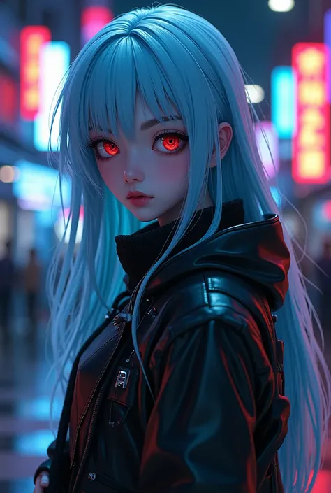 (Code Geass anime style), loose thick straight long hair, light blue hair, maroon eyes, Cyberpunk Edgerunner outfit, red eyeshadow