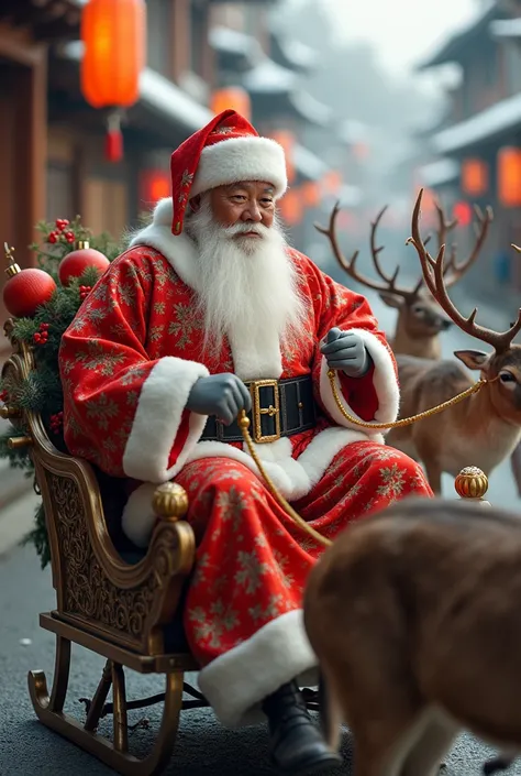 Santa Claus ultra-realistic portrait image Japanese Santa Claus has an elegant sleigh, decorated with paper lanterns and traditional decorations. He is pulled by a group of sika deer, native to the forests and mountains of Japan. These deer are known for t...