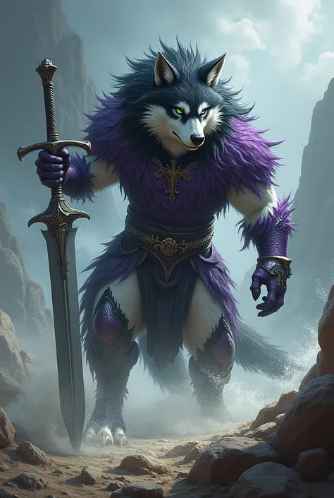 wolf, purple fur, white fur, black fur, black hair, green eyes, blowing wind, knight, giant sword, swinging sword, angry
