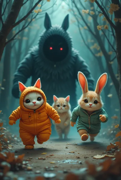  You can make a chubby and pretty jumpsuit , a chubby and pretty cat ,  and a chubby and pretty rabbit ,  all three of you running away from a creepy monster without a face? I dont want any ren in the picture.