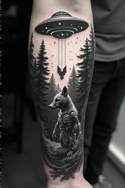 Create an extremely realistic forearm tattoo in black and gray.  Create a parabolic radio telescope antenna .  Make big trees around .  Create strong lines with lines and outlines .  Create a sci-fi style fox with technological equipment. Create lines of w...