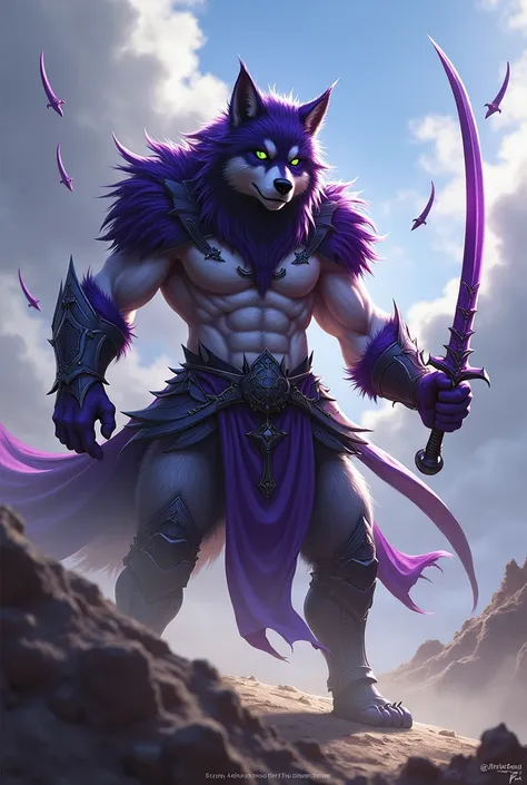 wolf, purple fur, white fur, black hair, green eyes, blowing wind, knight, 7 floating swords,, angry
