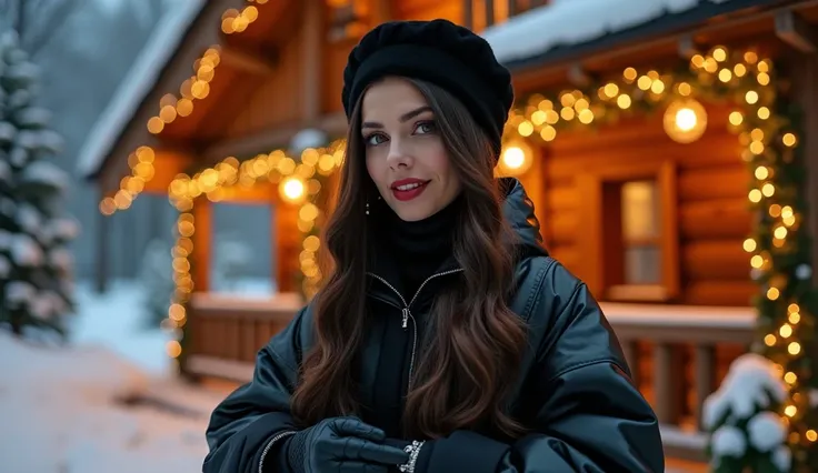 "Image réaliste montrant une vue complète du modèle, de la tête aux pieds. Une femme brune aux cheveux longs et ondulés, avec des lèvres rouges éclatantes, porte une robe de mère Noël en cuir noir agrémentée dun liseré de fourrure blanche. Elle est égaleme...