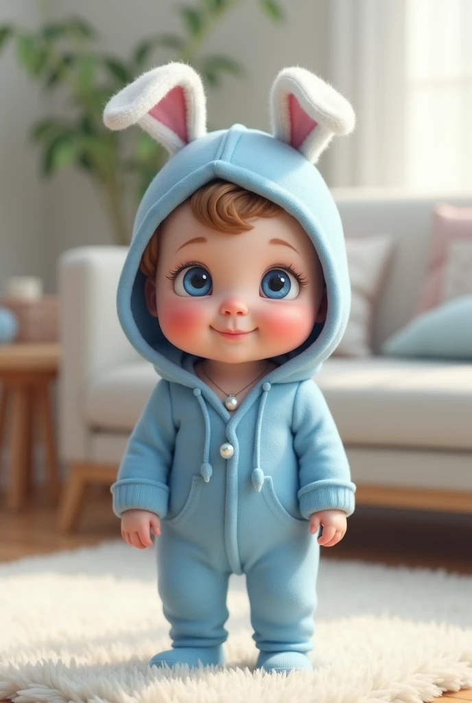 Un petit bébé aux yeux bleus debout avec une combinaison bleue et une cagoule bleue avec des oreilles de lapin et un collier avec une perle bleue qui est debout sur le tapis blanc du salon chaleureux 