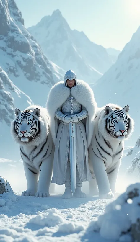 proceed, fantastic white knight , With 2 giant mystic white tigers with blue eyes, scene snowy mountain in the background, snowing, hyper realistic