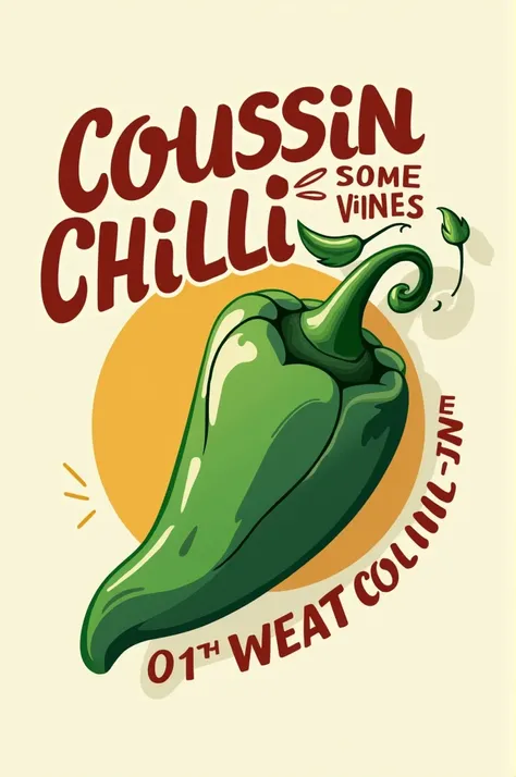 Logo for a canned chili company product containing the name of the cousin and a green chili pepper 