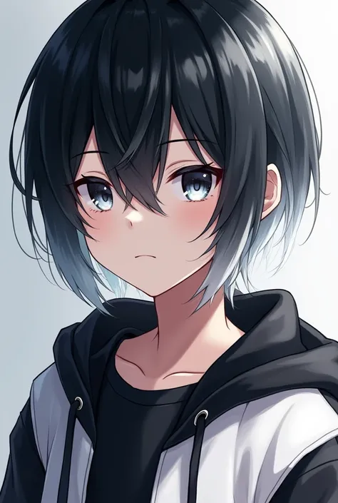 Make it anime style:   a boy with straight black hair with white tips, platinum eyes ,  black and white hoodie and black pants .