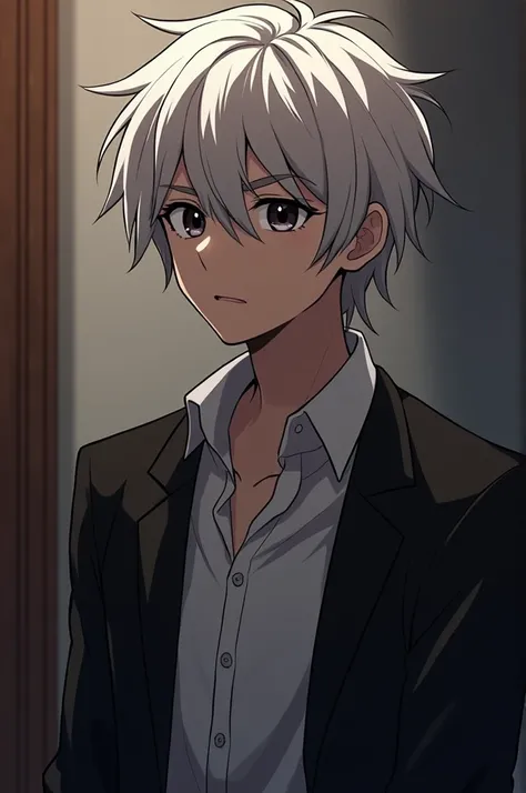  A young man who works in the Mafia is quite intelligent,  Hes white and has dark circles  ( anime style )