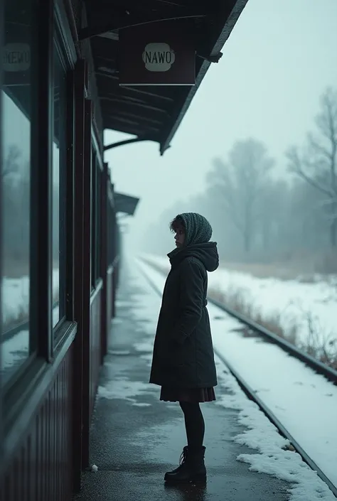 In a snowy winter weather A woman waits at a train station with dark windows 