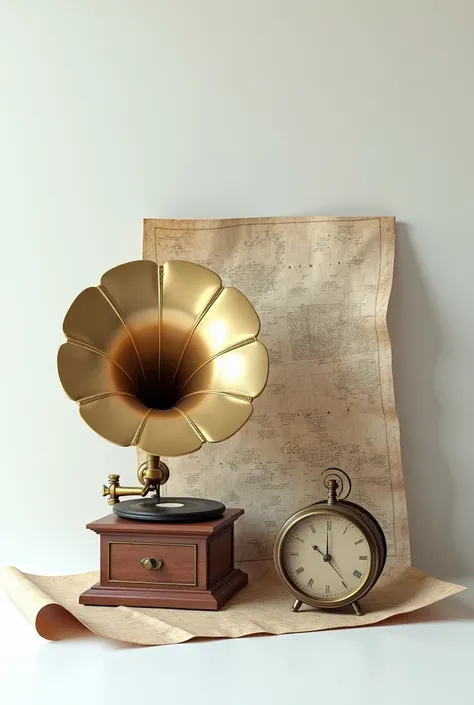 3D photo in surrealism style consists of a gramophone, a magnifying glass and an old map, originally composed, on a white background, no abstractions