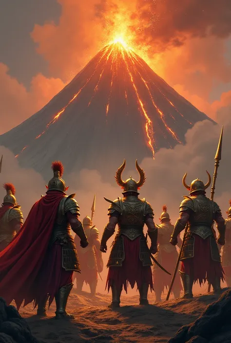  A group of warriors stand in a defensive formation in front of a volcano, while their weapons shimmer in golden light .

