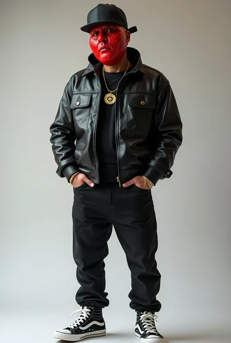  RAW photo,  absurd resolution,  Best Quality ,  a normal strawberry with its shape , with urban style ,  leather jacket, with a casual and serious but attractive look , and casual smile ,  urban gold chain and with sneakers  ( create this male character w...