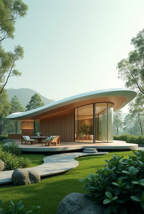 A one-storey house of the future with very economical and ecological materials with a unique roof 