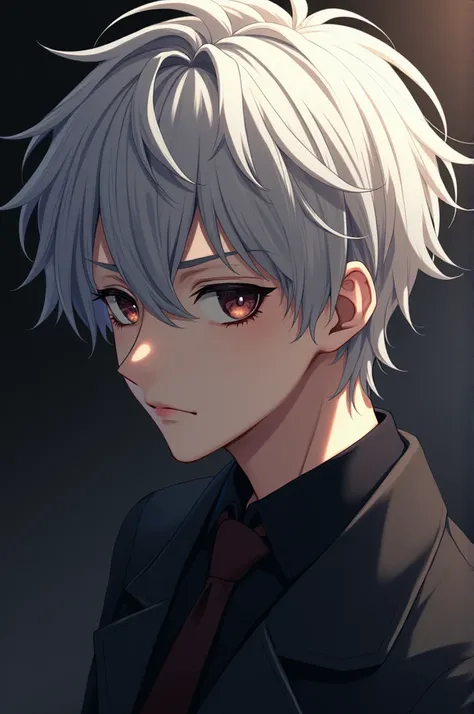  A young man who works in the Mafia is quite intelligent,  His hair is a bit ruffled he is white and has dark circles under the eyes ( anime style )