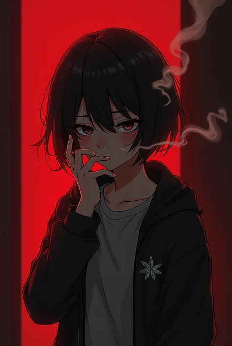 generate an image of a hopeless amine character Smoking weed with red and black back Ground