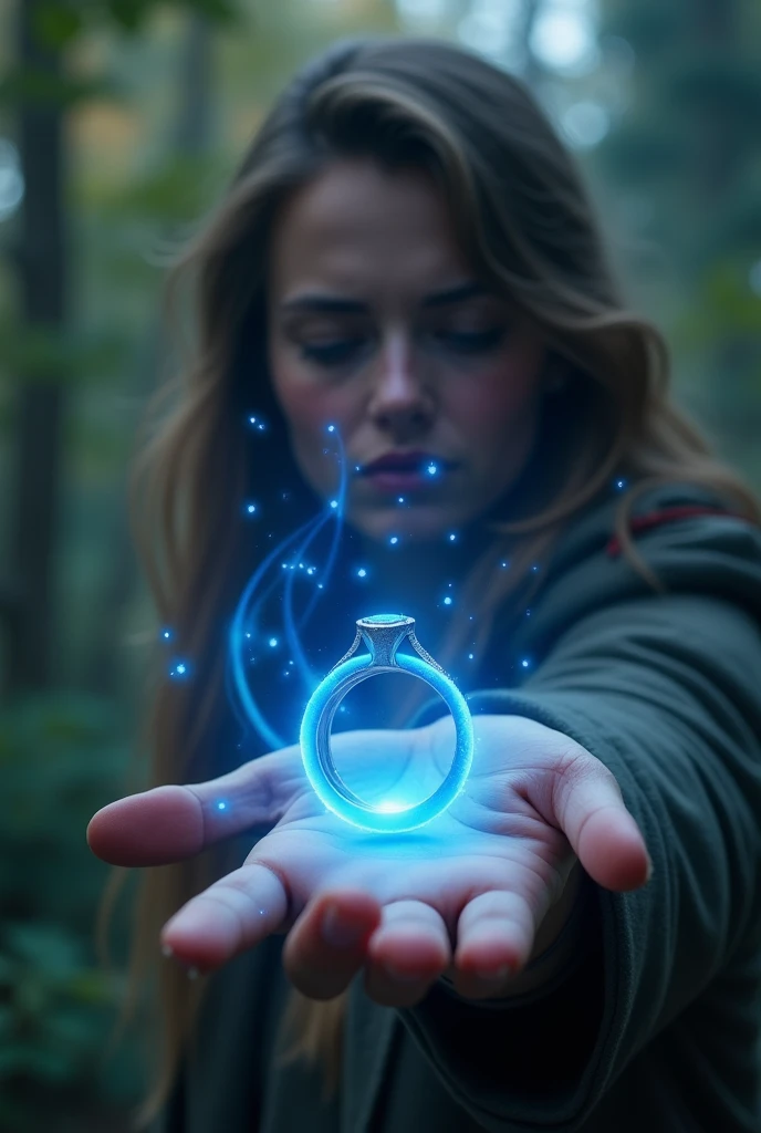 The magic ring slowly fades from the hand of a woman named Clara ,  leaving a trail of blue light in the air . Her expression mixes relief and sadness ,  as the environment returns to normal ."