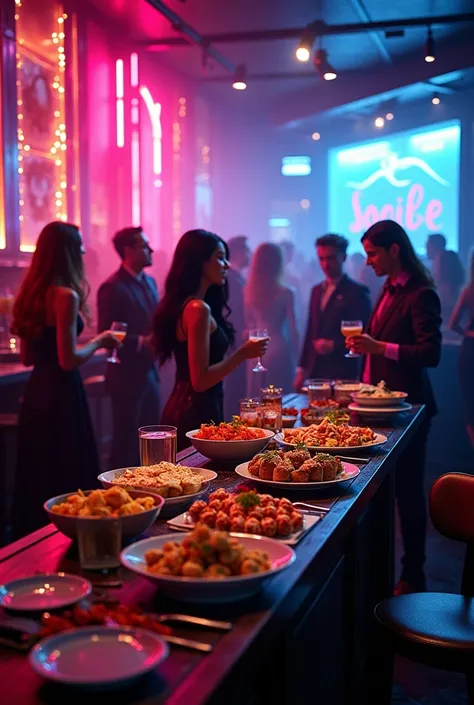 a bar, at a trendy party with ,  luxurious and modern ,tables, Chairs, people, buffet, neon lights,realistic ultra HD 8k image at night  