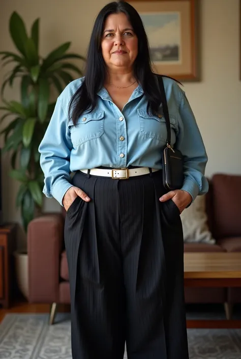 Incredibly beautiful but very fat Argentinian woman with 70 kilos of extra weight, 69 years old with huge blue eyes ,  long straight black hair with a line in the middle  , skin without makeup with the typical marks and wrinkles of the skin of her age , 1....