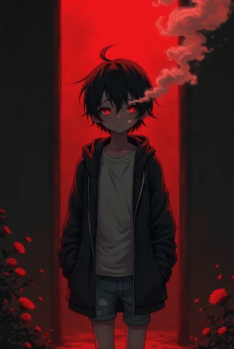 generate an image of a hopeless amine character Smoking weed with red and black back Ground