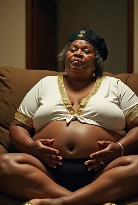 70 year old african american woman light skin, climax, rapture, overweight huge sagging breasts huge waist huge hips huge thighs, black tam cap with gold ornament, white tunic top with gold trim gold neckerchief, bare legs black g string panty, gold flats,...