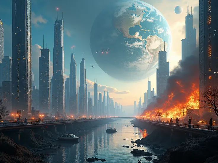 A futuristic scene blending technology, space, and global transformation. Depict an advanced cityscape with towering skyscrapers illuminated by holographic displays, featuring AI robots working alongside humans. In the sky, showcase a massive space station...