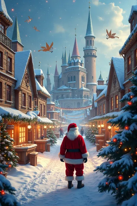 Create a Christmas mood city a city full of Christmas magic with Santa Claus