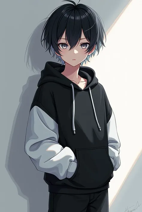 Make it anime style:  a boy with straight black hair with very white tips, platinum eyes ,  black and white hoodie and black pants .