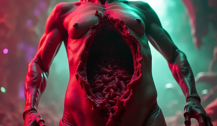 A visually intense YouTube thumbnail for a video titled The Most Disgusting Scenes in Sci-Fi Movies and How They Were Made. The image showcases a shocking scene with bloody entrails spilling out of a humanoid figure, surrounded by vibrant red and pink tone...