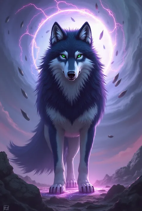 wolf, purple fur, white fur, black hair, green eyes, blowing wind, godly, 13 floating blades around body, energy aura
