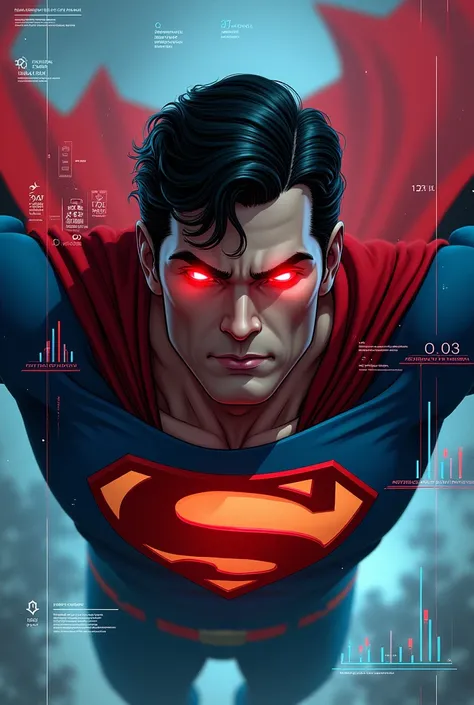 Close-up of a digital illustration, likely a comic book cover or promotional art, featuring Superman. 


The character is presented in a dynamic pose, seemingly in mid-flight. His cape billows dramatically behind him, in shades of red and crimson accented ...