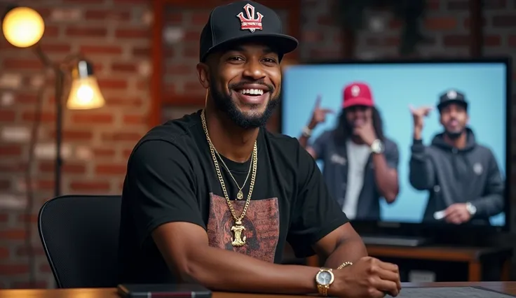 "Create a realistic male character in his early 30s who reports, narrates, and comments on celebrity news from the world of Hip Hop and rap for a YouTube channel. He should have a charismatic and confident personality, with a laid-back but professional ton...