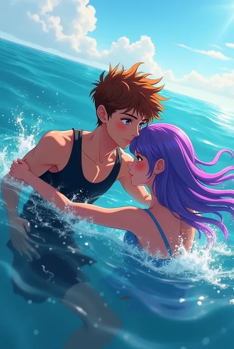 A 17-year-old boys face, dark blue eyes, white skin, warm brown hair, muscular, wearing a black swimsuit, is swimming in the sea with a beautiful girl with purple hair.