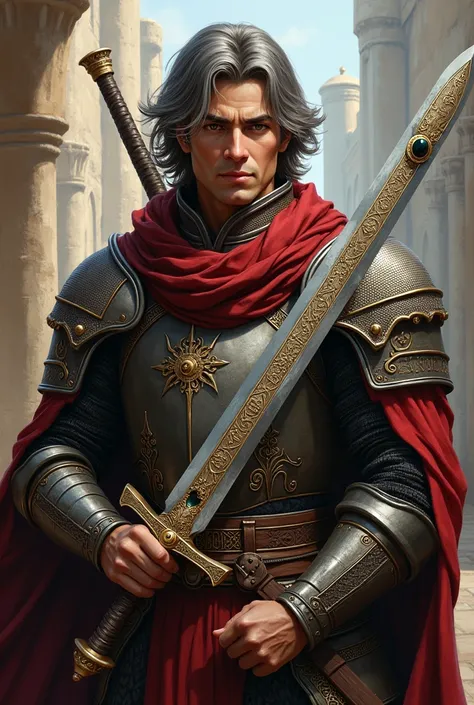 Zekiel is a medieval Persia style warrior and wears armor. He has a sword with runes on its hilt with a black stone in the middle of the hilt. He has medium length mahogany hair with a few silver locks. His eyes are gold flecked brown. His skin lightly tan...