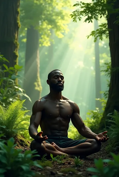 A tall black man meditating in the green forest