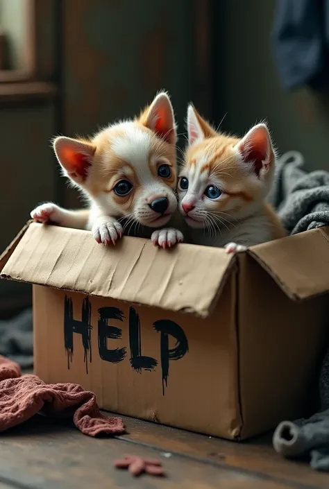 Puppy kitten with eyes full of tears with dirty and torn clothes inside a box written help me 