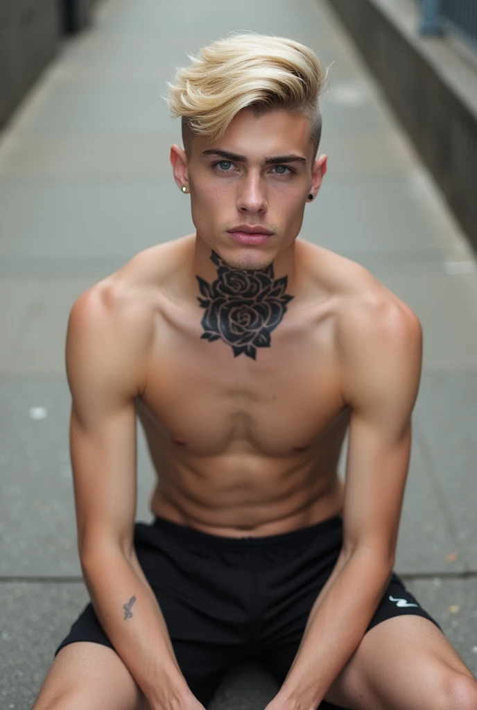 Blond man with short hair cut off the sides and a black and white rose neck tattoo wearing Nike shorts sitting on a sidewalk square photo of him in front 