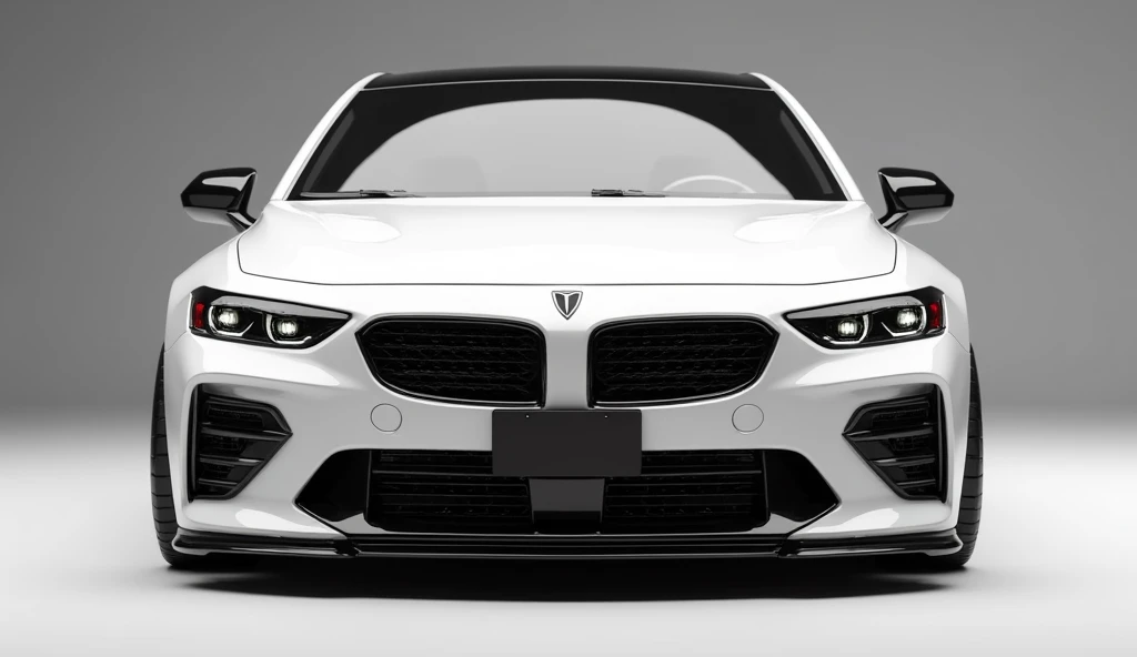 Create a 3d render of a car design featuring the 2025 [ Pontiac GTO ] . The car should be viewed from the [front] view in [White] colour car. Include a [ Pontiac Logo] prominently on (front), The license plate should display [Pontiac GTO ]. The car should ...