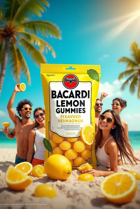 Make me an outdoor advertisement about Bacardi flavored lemon gummies 