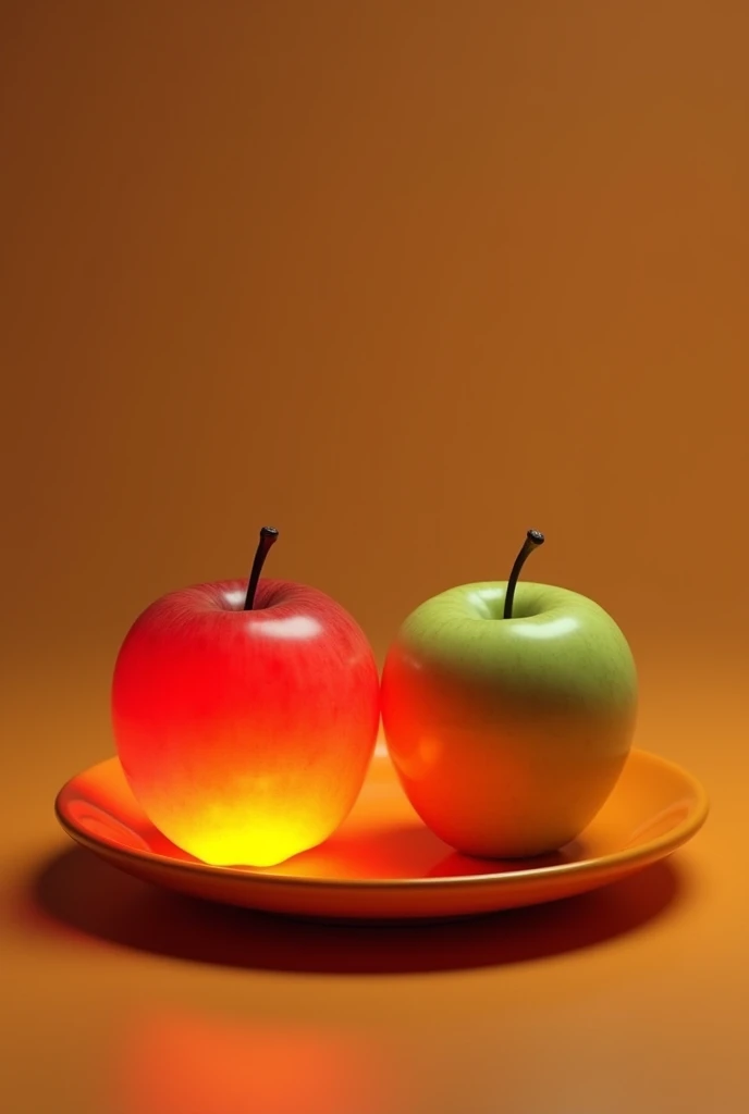 2 apples on an orange plate ,  one apple is phosphorescent red and the other green turning off 